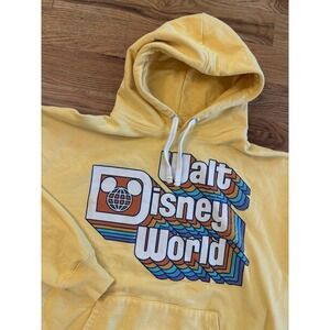 Walt Disney World Retro 70s Logo Yellow Hoodie Sweatshirt Unisex Large EUC
